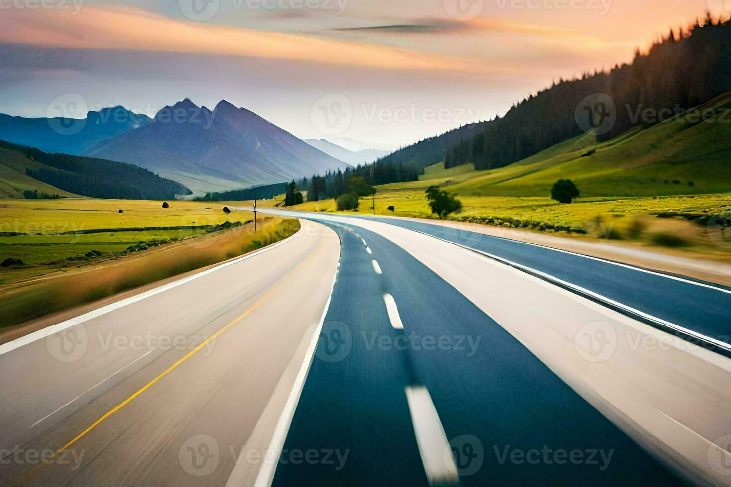 uma grandes esticam do estrada dentro a montanhas. gerado por IA foto