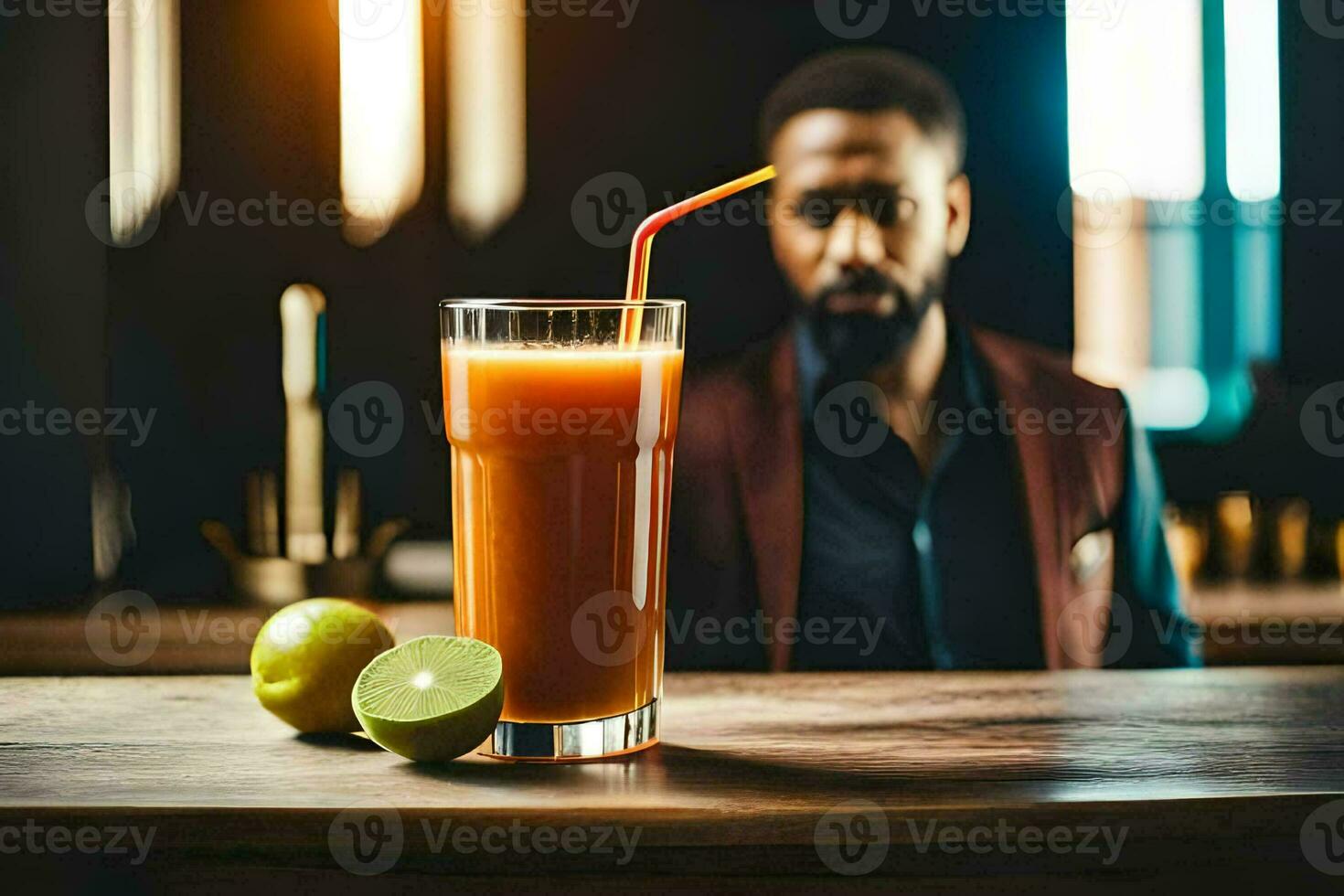 uma homem sentado às uma Barra com uma vidro do suco. gerado por IA foto