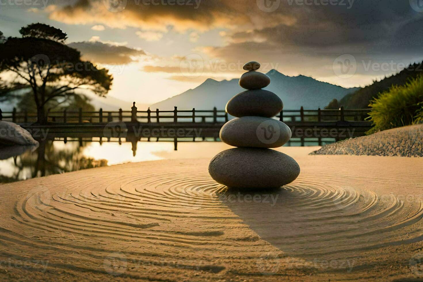 uma pilha do pedras dentro a areia às pôr do sol. gerado por IA foto