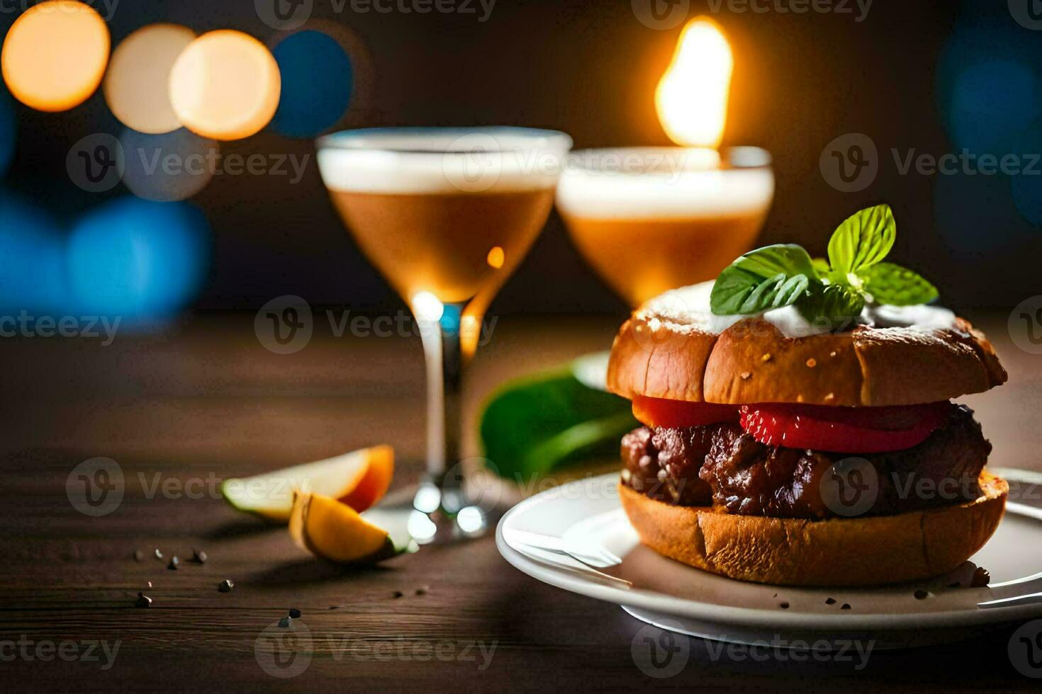 uma Hamburger com carne e legumes em uma placa. gerado por IA foto