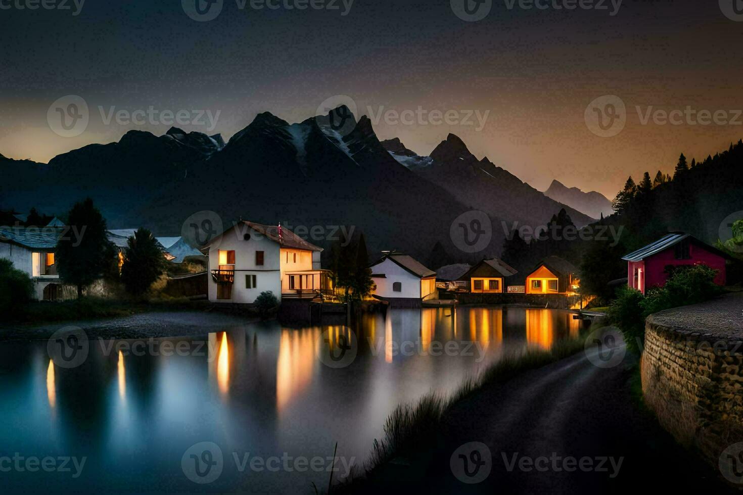 foto papel de parede a céu, montanhas, lago, casas, a noite, a montanhas, a lago. gerado por IA