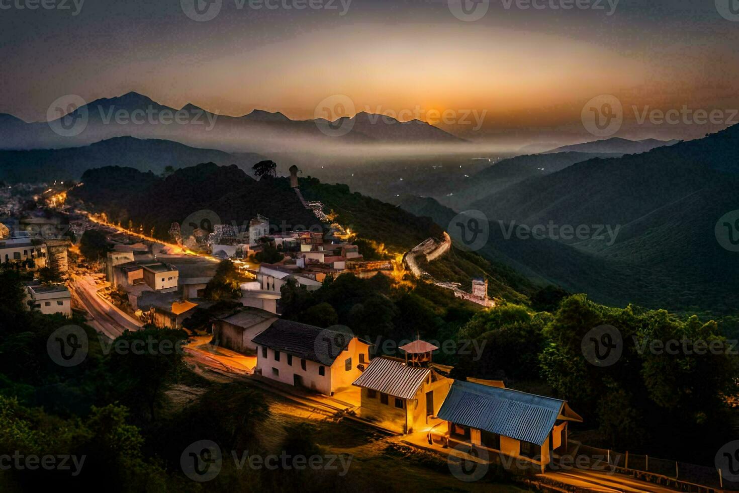 uma Vila dentro a montanhas às pôr do sol. gerado por IA foto