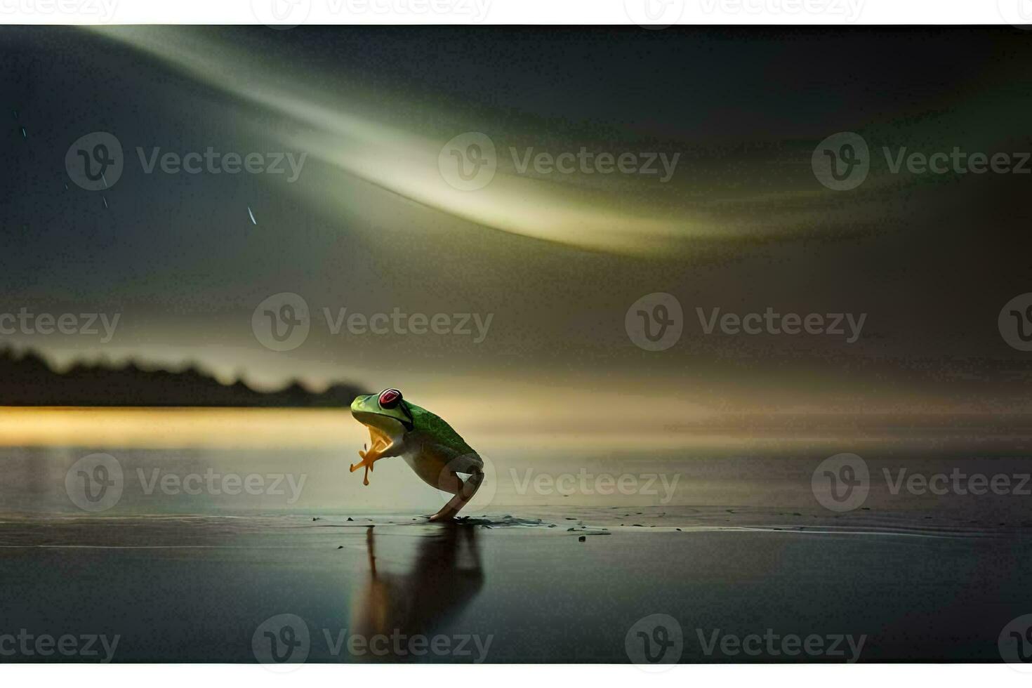 uma rã em pé em a costa do uma lago com uma aurora claro. gerado por IA foto