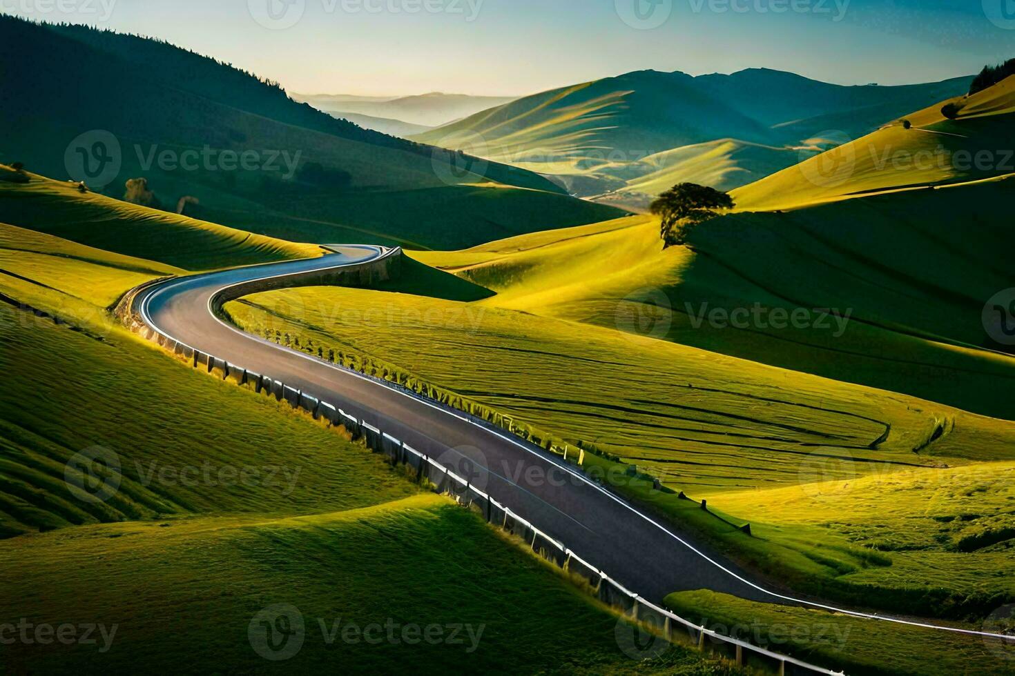 uma enrolamento estrada dentro a meio do verde colinas. gerado por IA foto