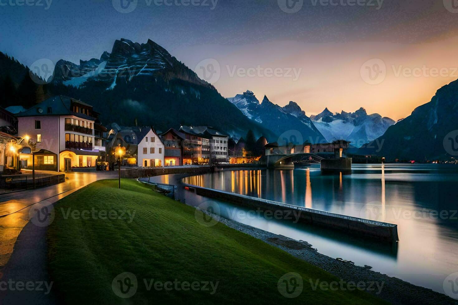 uma lago e montanhas às crepúsculo. gerado por IA foto