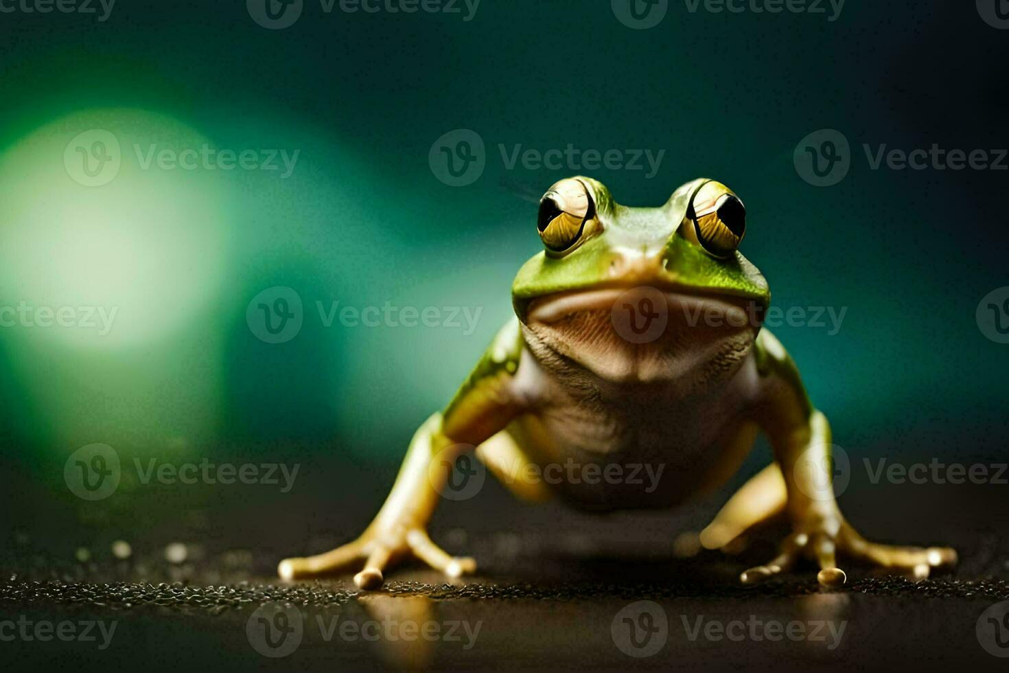 uma rã é sentado em a terra com uma verde fundo. gerado por IA foto