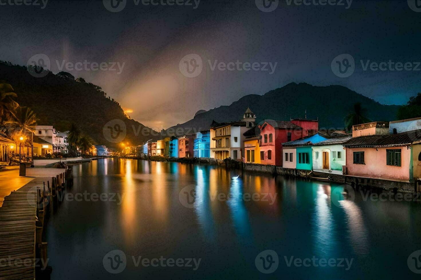 colorida casas linha a água às noite dentro uma cidade. gerado por IA foto