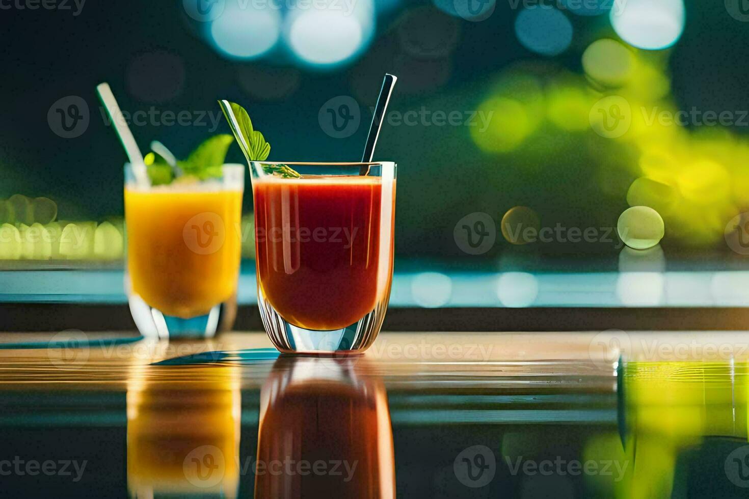 dois óculos do suco com palhas em uma mesa. gerado por IA foto