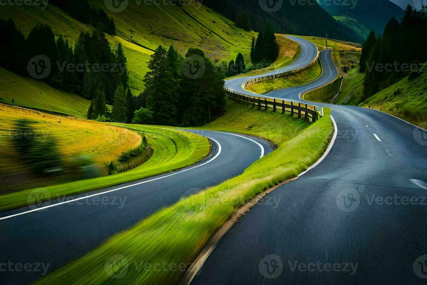 uma enrolamento estrada dentro a montanhas. gerado por IA foto