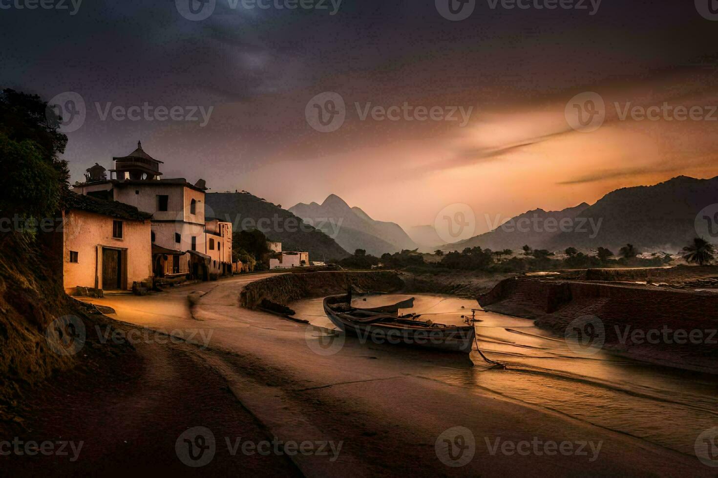 uma barco senta em a lado do uma rio às pôr do sol. gerado por IA foto