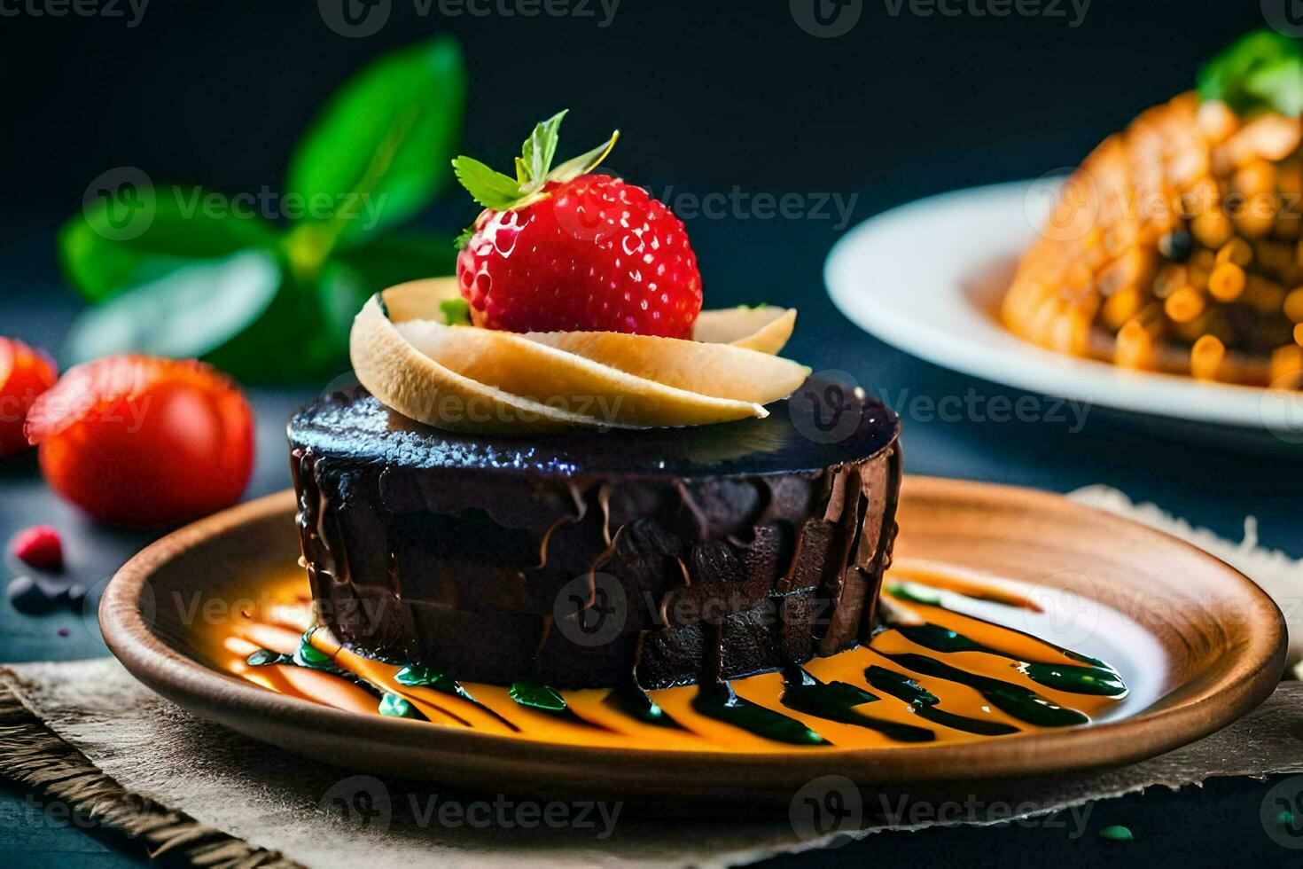 uma chocolate bolo com morangos e uma morango em topo. gerado por IA foto