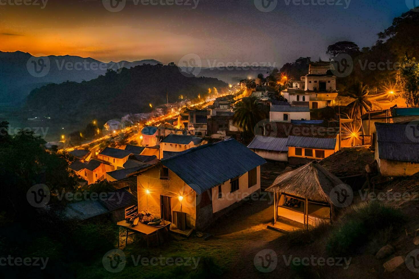 uma Vila às crepúsculo dentro a montanhas. gerado por IA foto