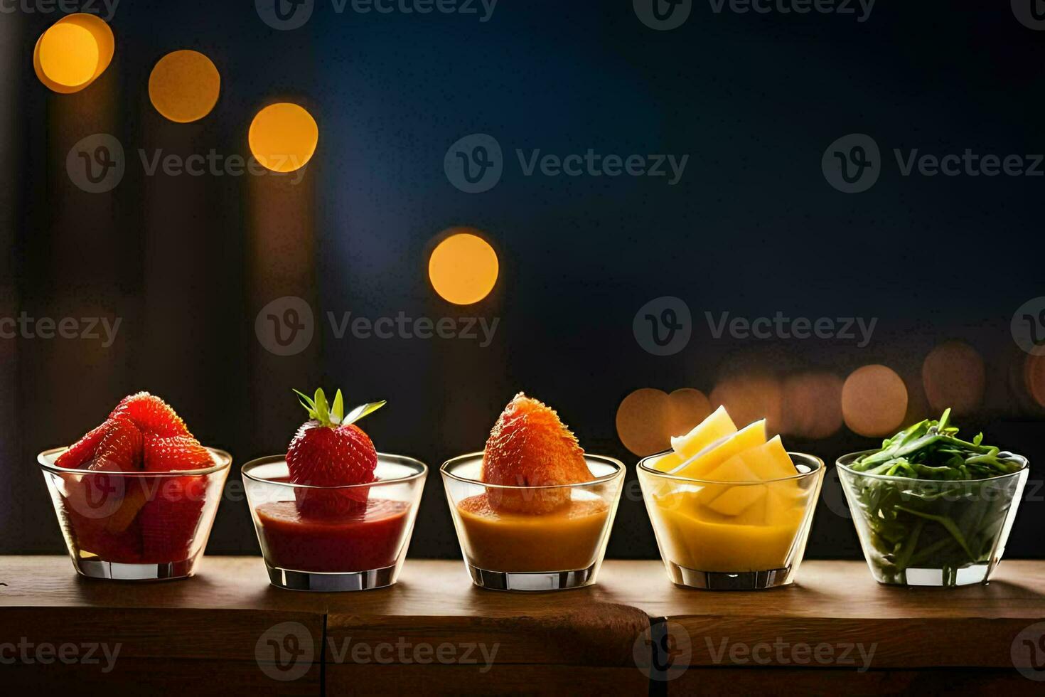 uma linha do pequeno copos com fruta e legumes. gerado por IA foto