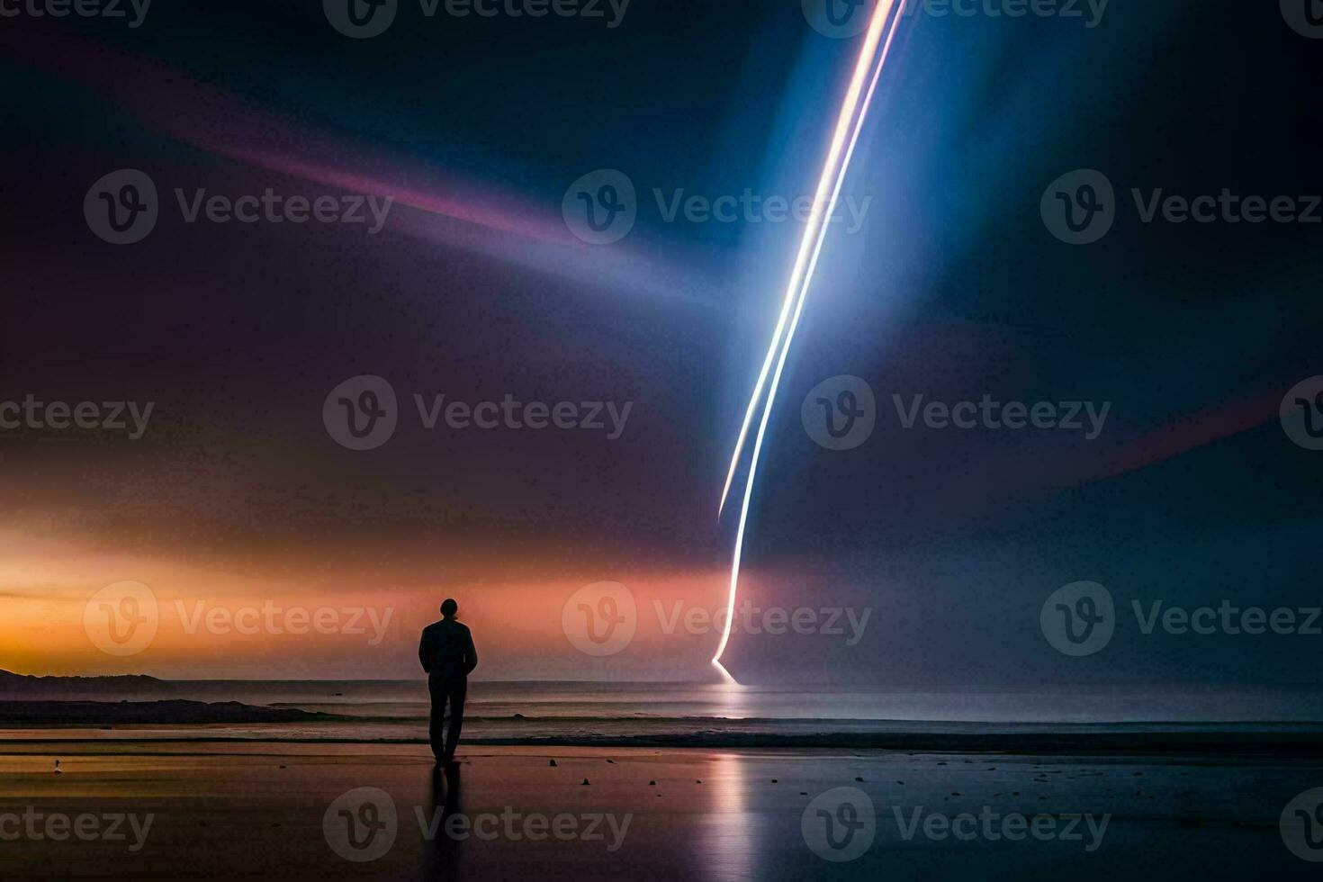 uma homem em pé em a de praia às noite com uma foguete trilha. gerado por IA foto