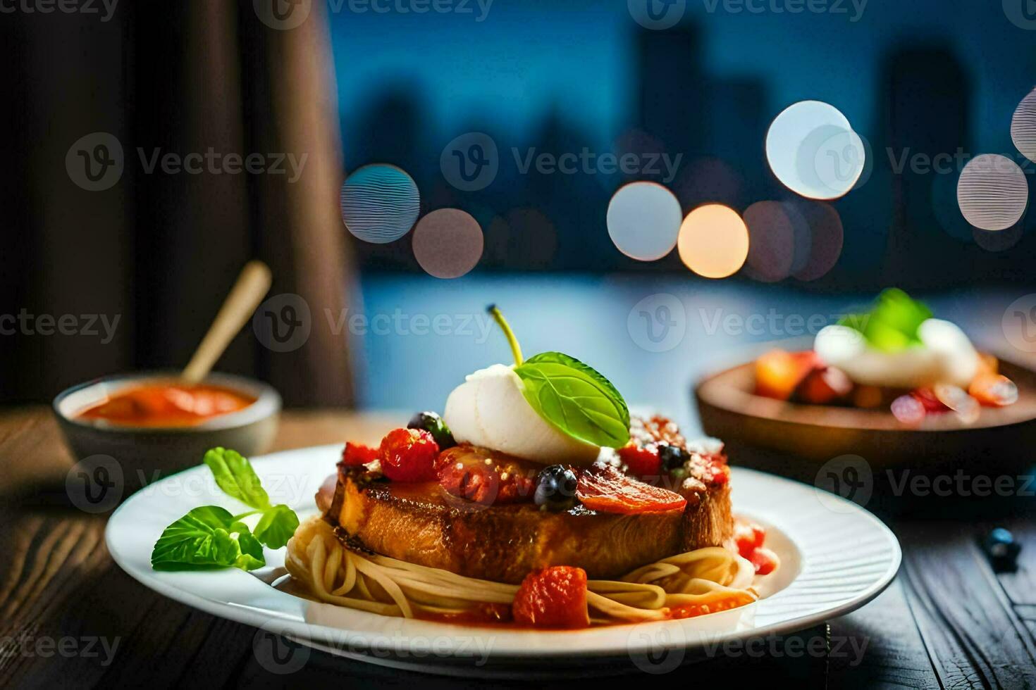 uma prato do massa com tomate molho e queijo em topo. gerado por IA foto