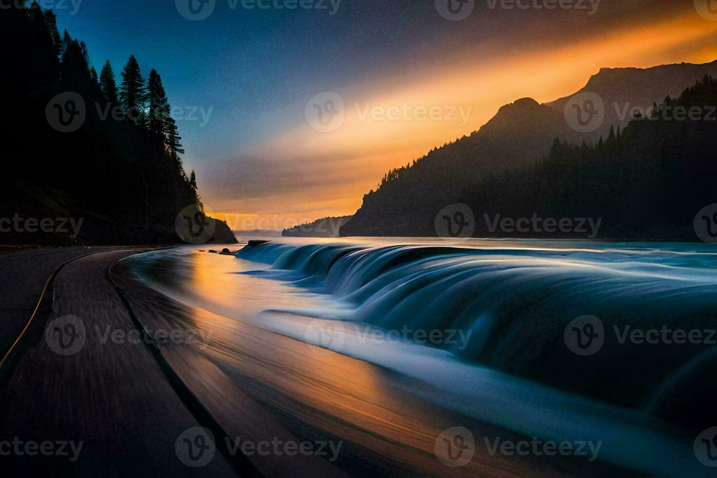 uma rio fluxos através uma floresta às pôr do sol. gerado por IA foto