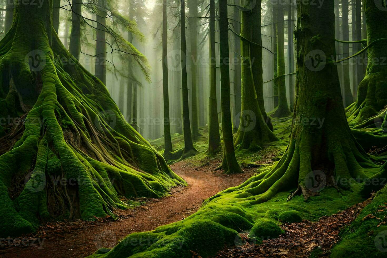 uma caminho através uma floresta com musgoso árvores gerado por IA foto