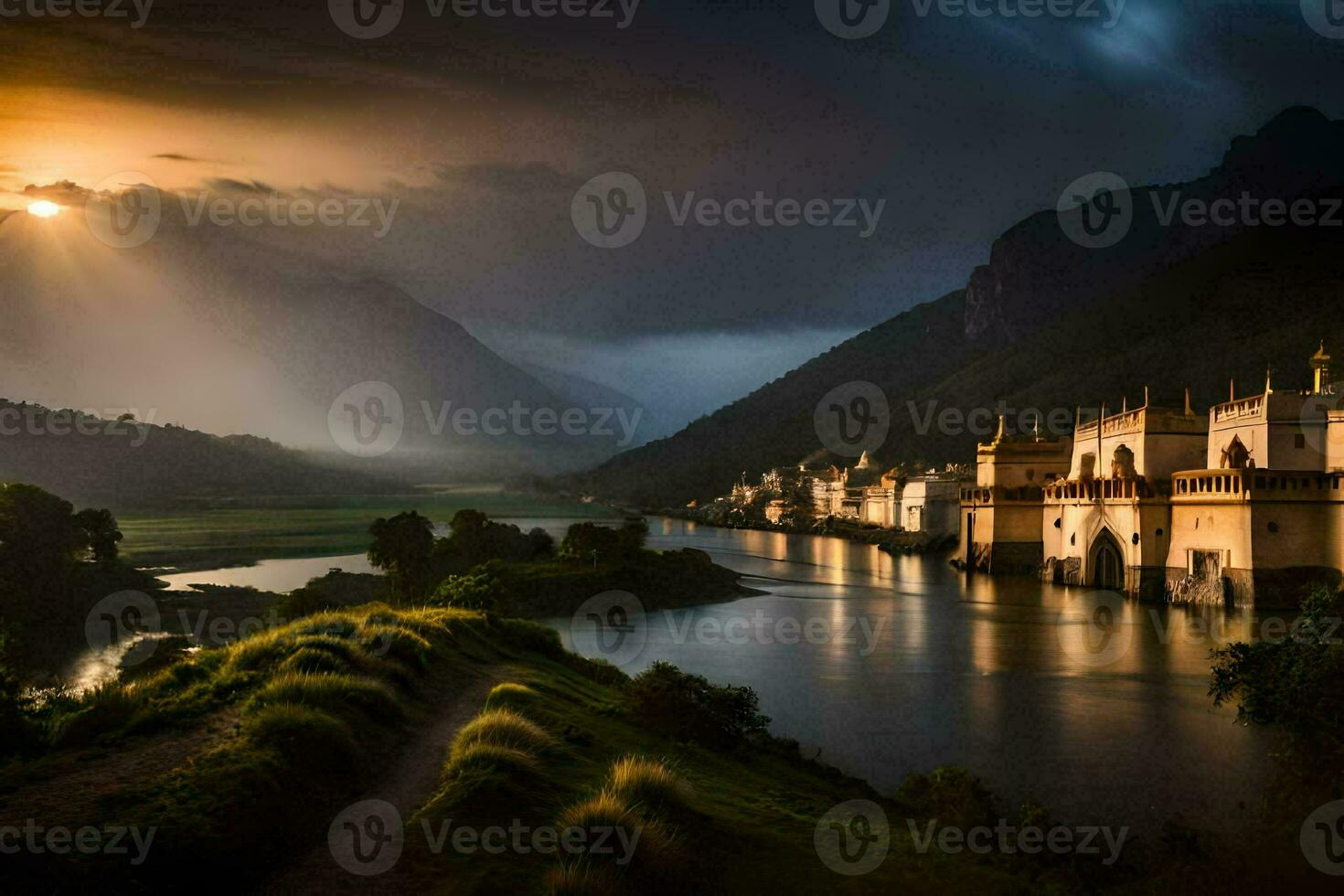 foto papel de parede a céu, montanhas, rio, pôr do sol, a sol, a montanhas, a rio. gerado por IA