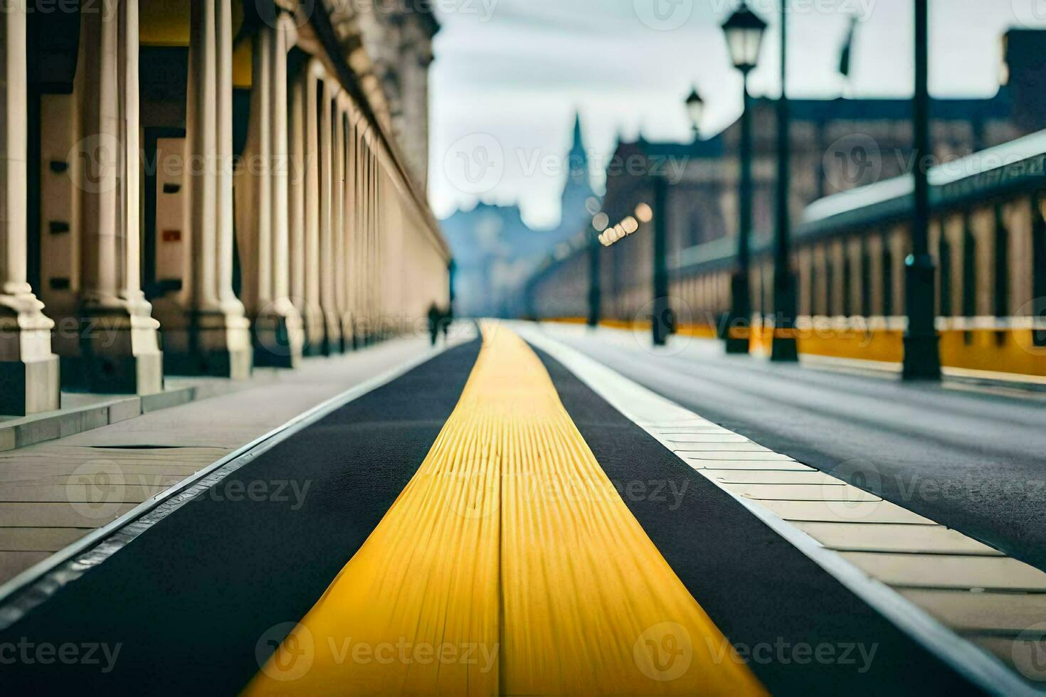 uma amarelo linha em a rua dentro frente do edifícios. gerado por IA foto