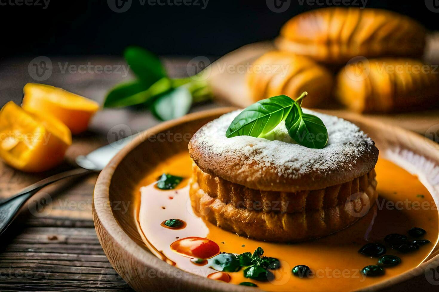 uma prato do Comida com uma sobremesa e laranja fatias. gerado por IA foto