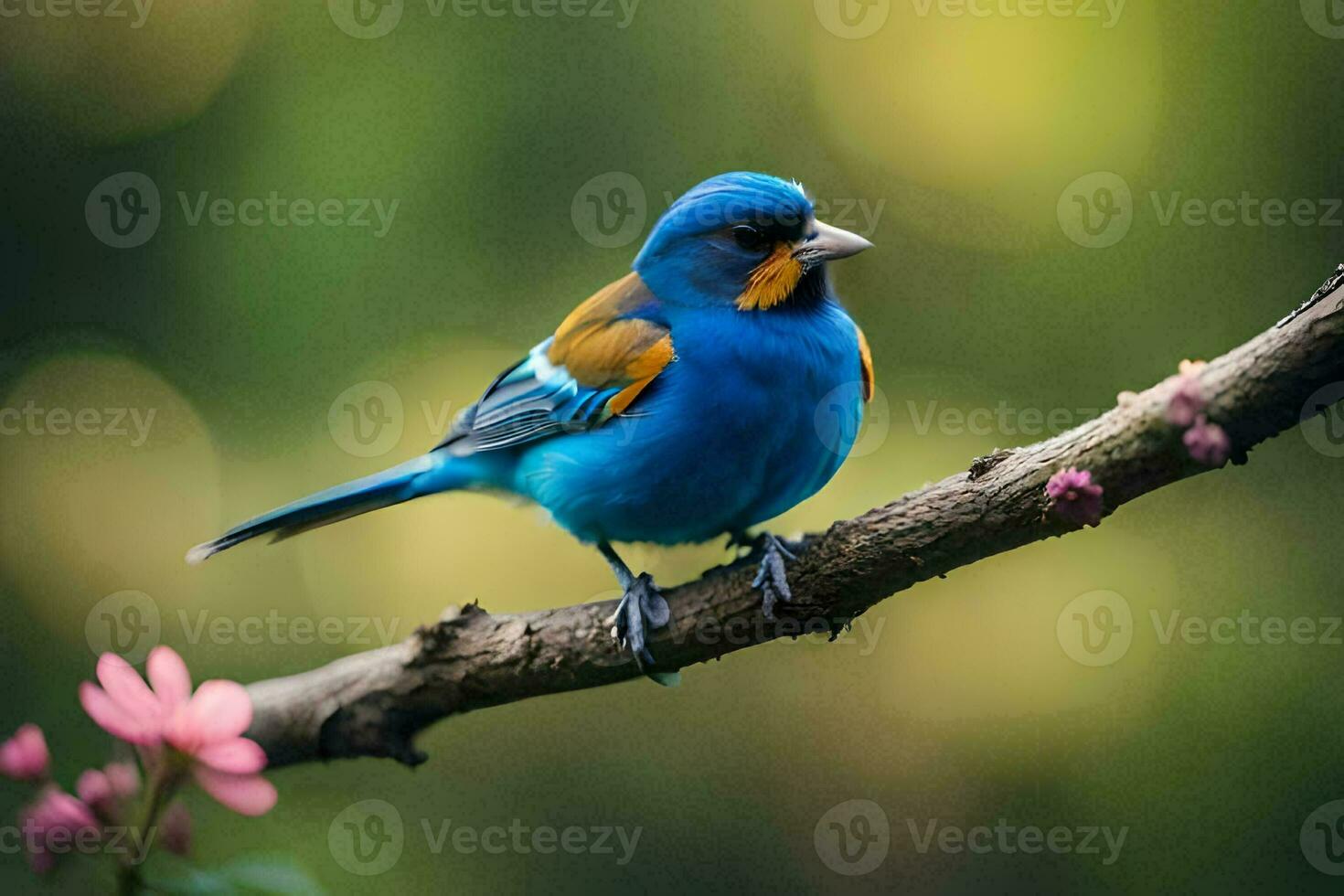 uma azul pássaro sentado em uma ramo com Rosa flores gerado por IA foto