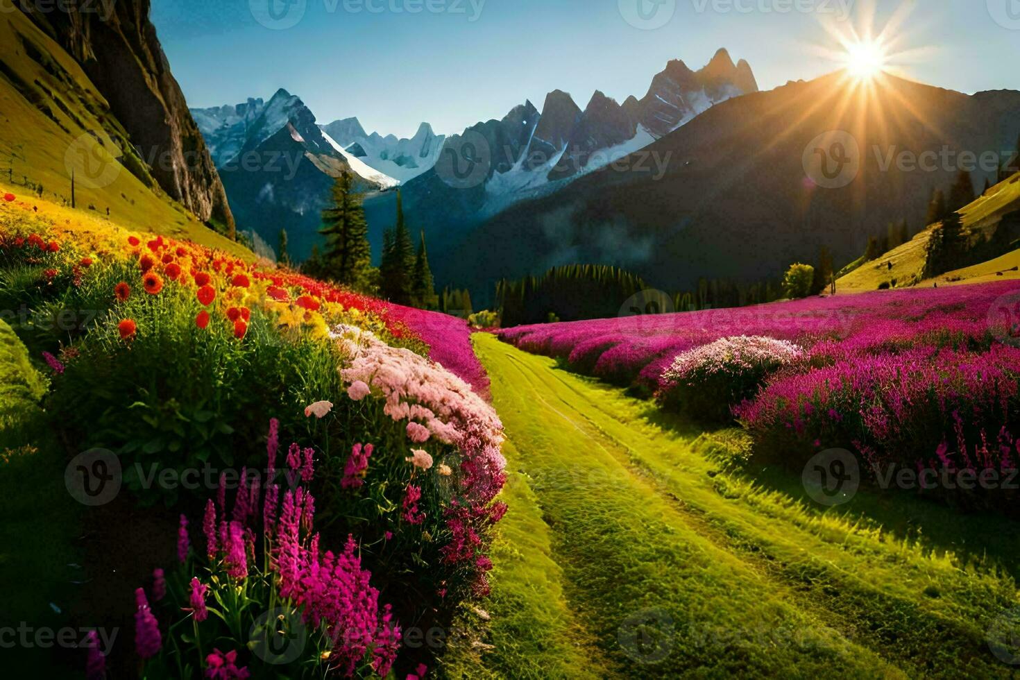 lindo flores dentro a montanhas às pôr do sol. gerado por IA foto