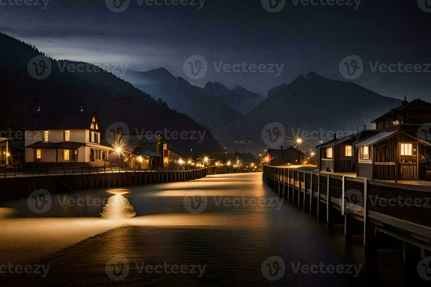 uma rio e casas dentro a escuro. gerado por IA foto