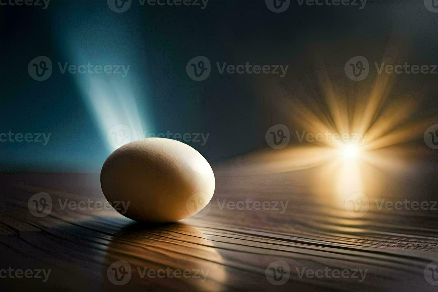 a ovo em uma mesa com uma luz brilhando em isto. gerado por IA foto