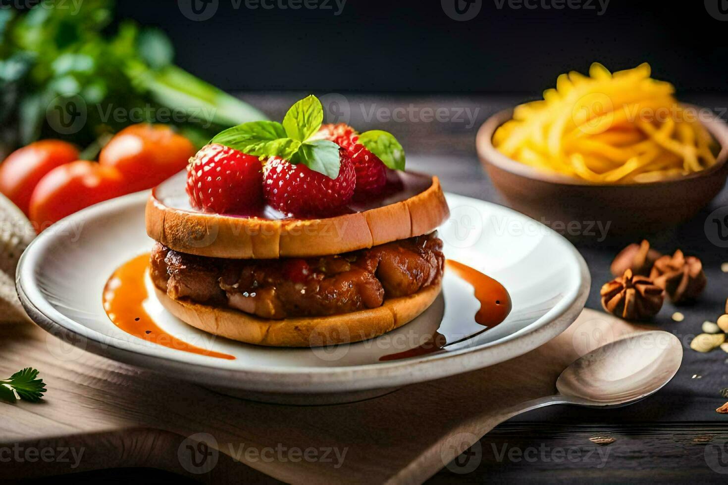 uma Hamburger com bagas e molho em uma placa. gerado por IA foto