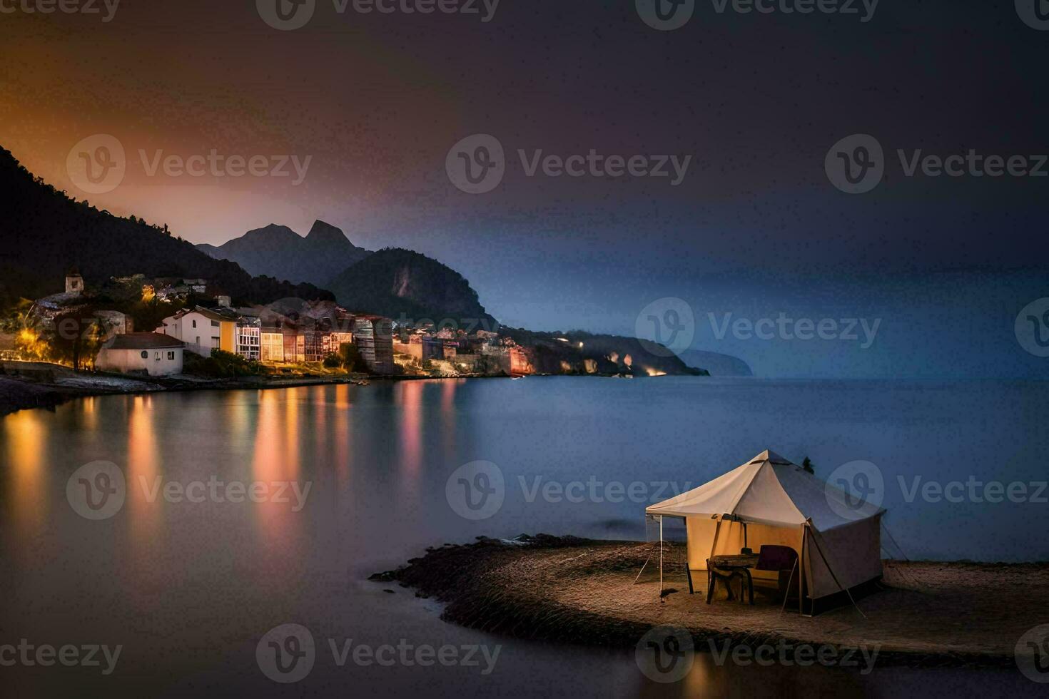 uma barraca senta em a costa do uma lago às noite. gerado por IA foto