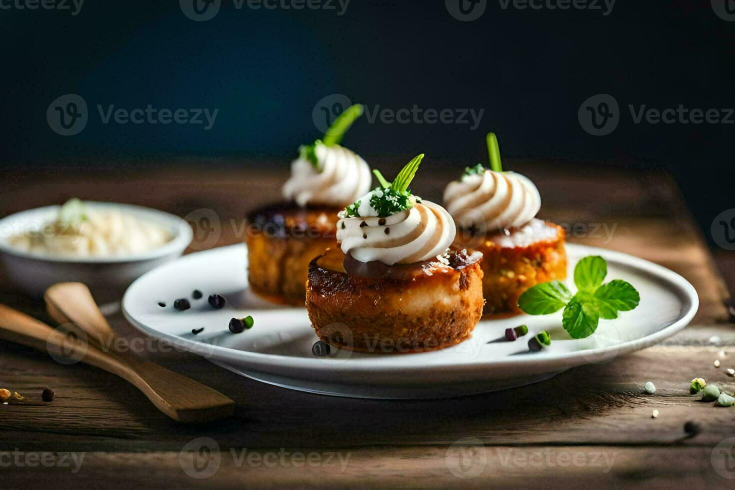 três mini bolos com açoitado creme em topo. gerado por IA foto