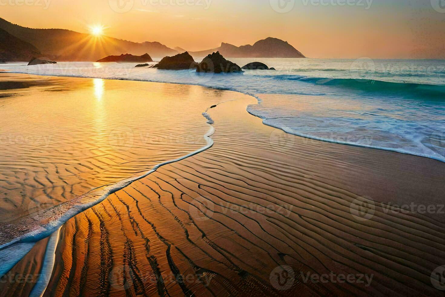 a Sol sobe sobre a oceano e a ondas em a de praia. gerado por IA foto