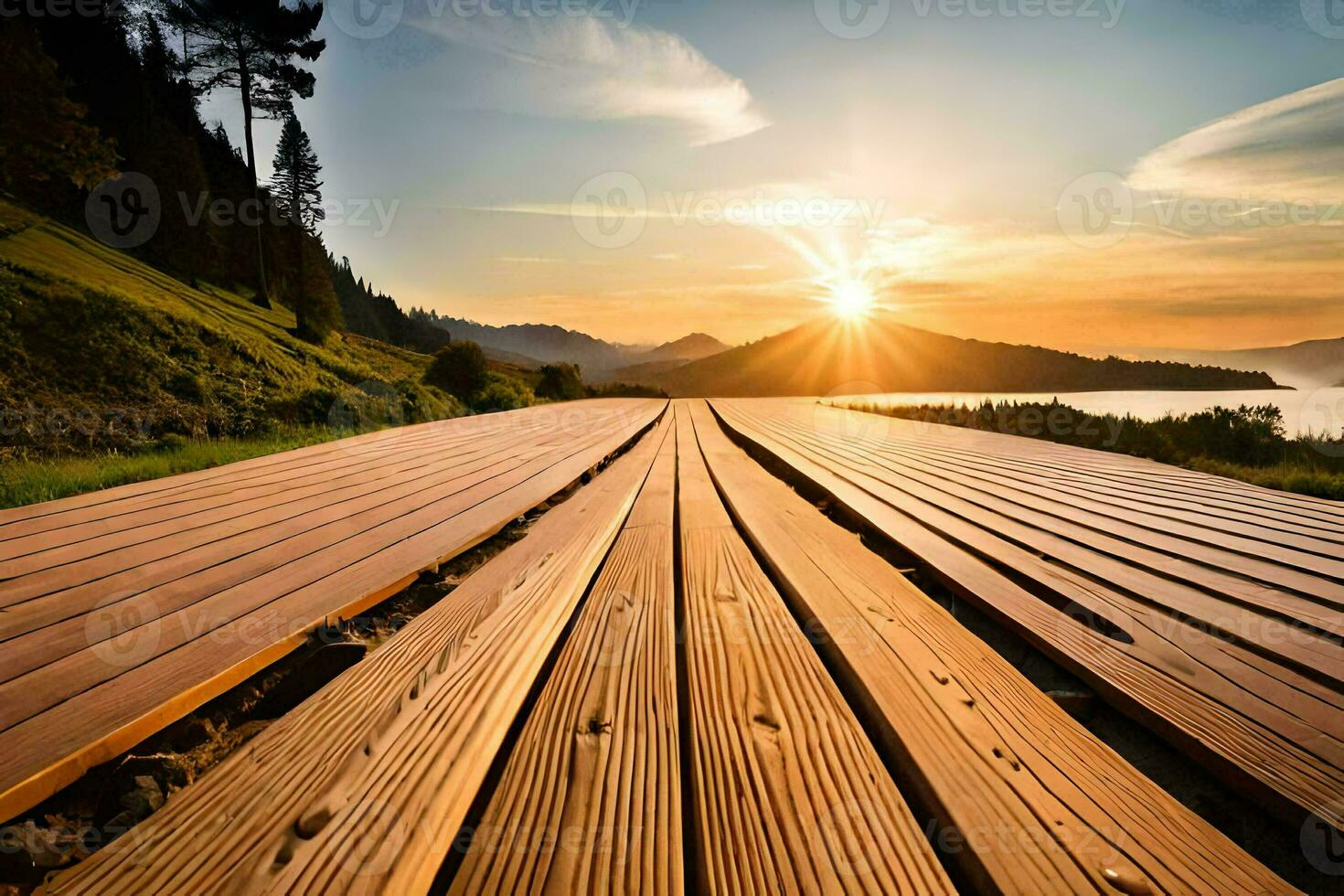 uma de madeira passarela conduzindo para a Sol. gerado por IA foto