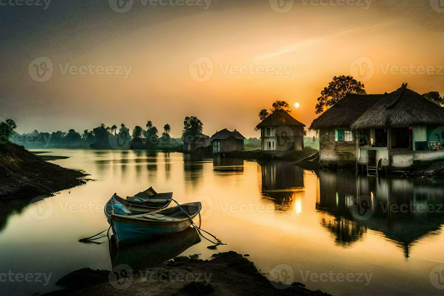 uma barco senta em a água às pôr do sol. gerado por IA foto