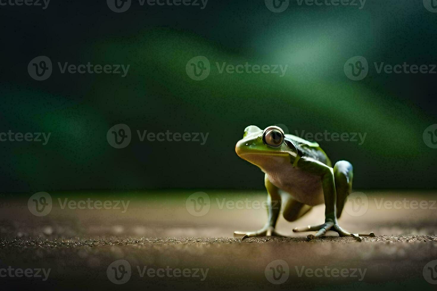 uma rã é em pé em a terra dentro frente do uma verde fundo. gerado por IA foto