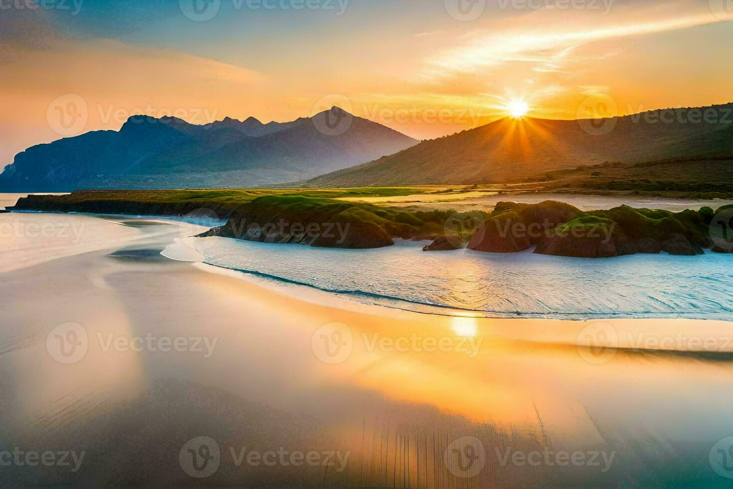 a Sol conjuntos sobre uma de praia e montanhas. gerado por IA foto