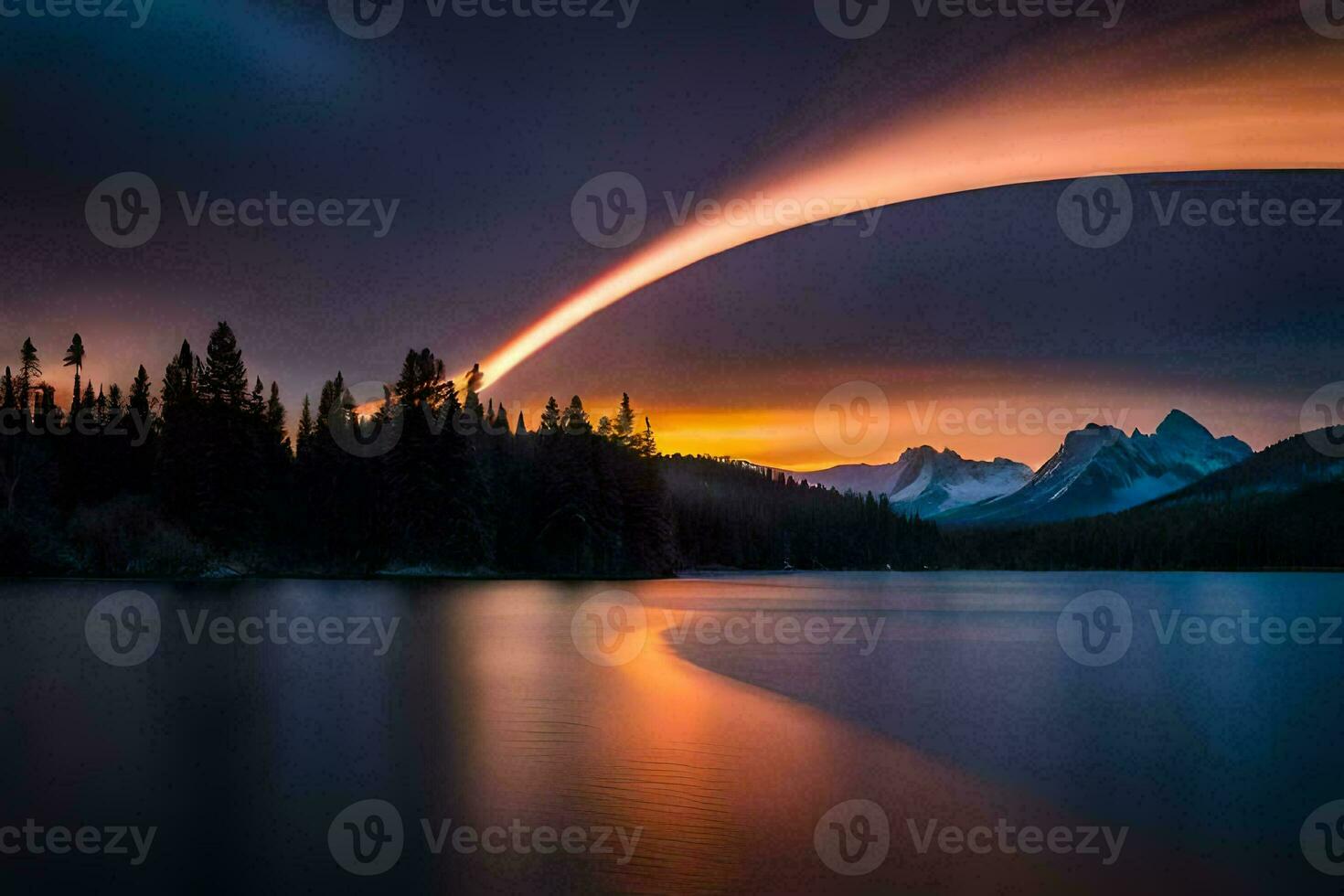 uma grandes exposição fotografia do uma arco Iris sobre uma lago. gerado por IA foto