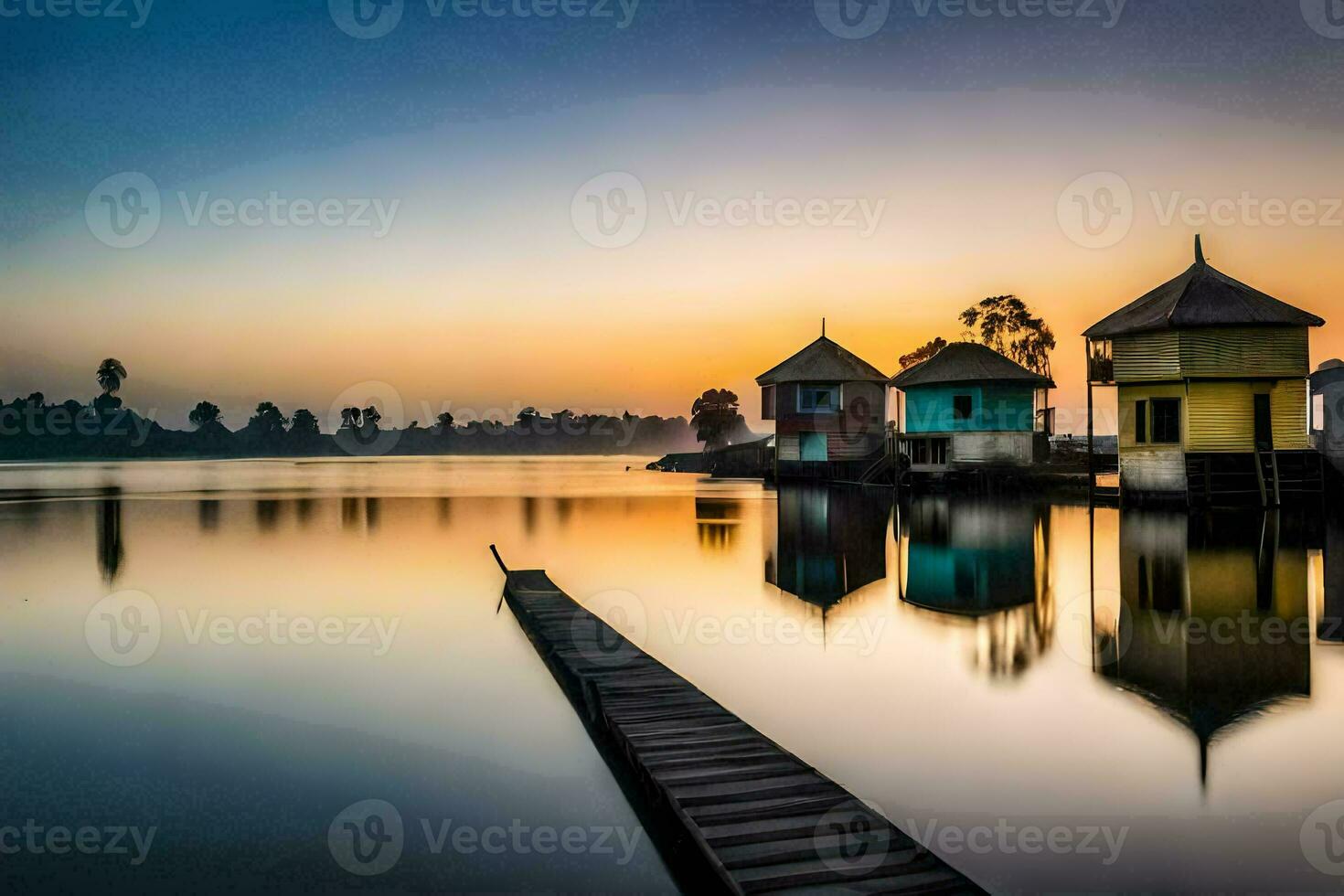 uma barco doca e casas em a água às pôr do sol. gerado por IA foto