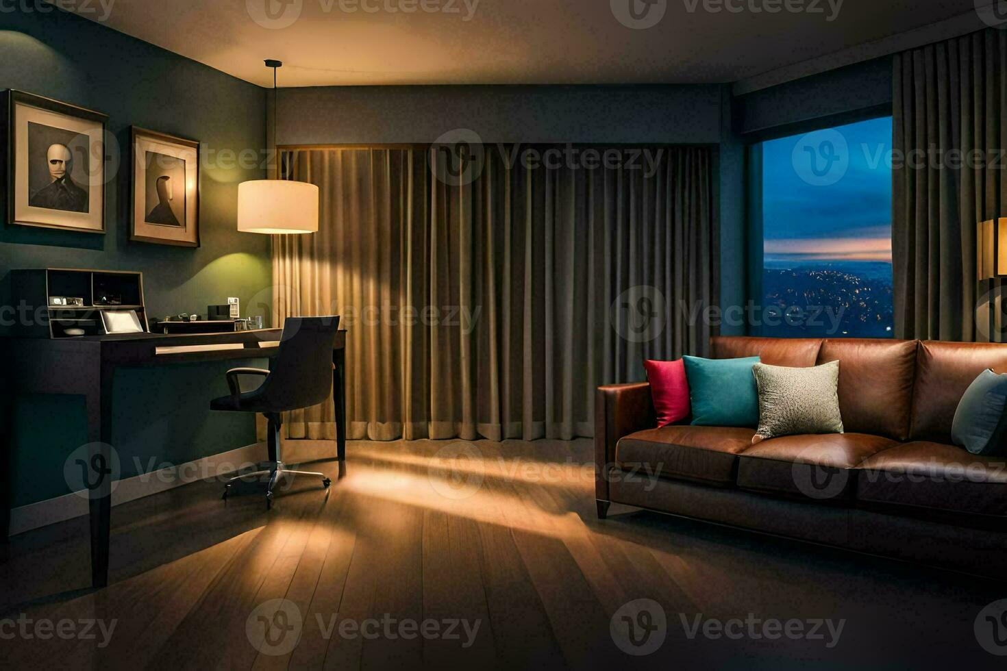 uma hotel quarto com uma sofá, escrivaninha e janela negligenciar a cidade. gerado por IA foto