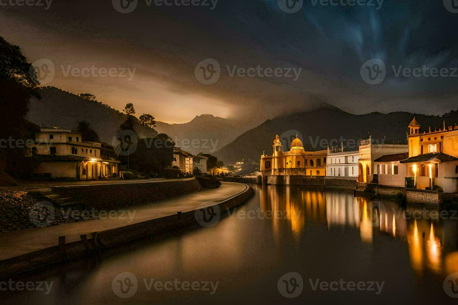 uma rio dentro a meio do uma Cidade às noite. gerado por IA foto