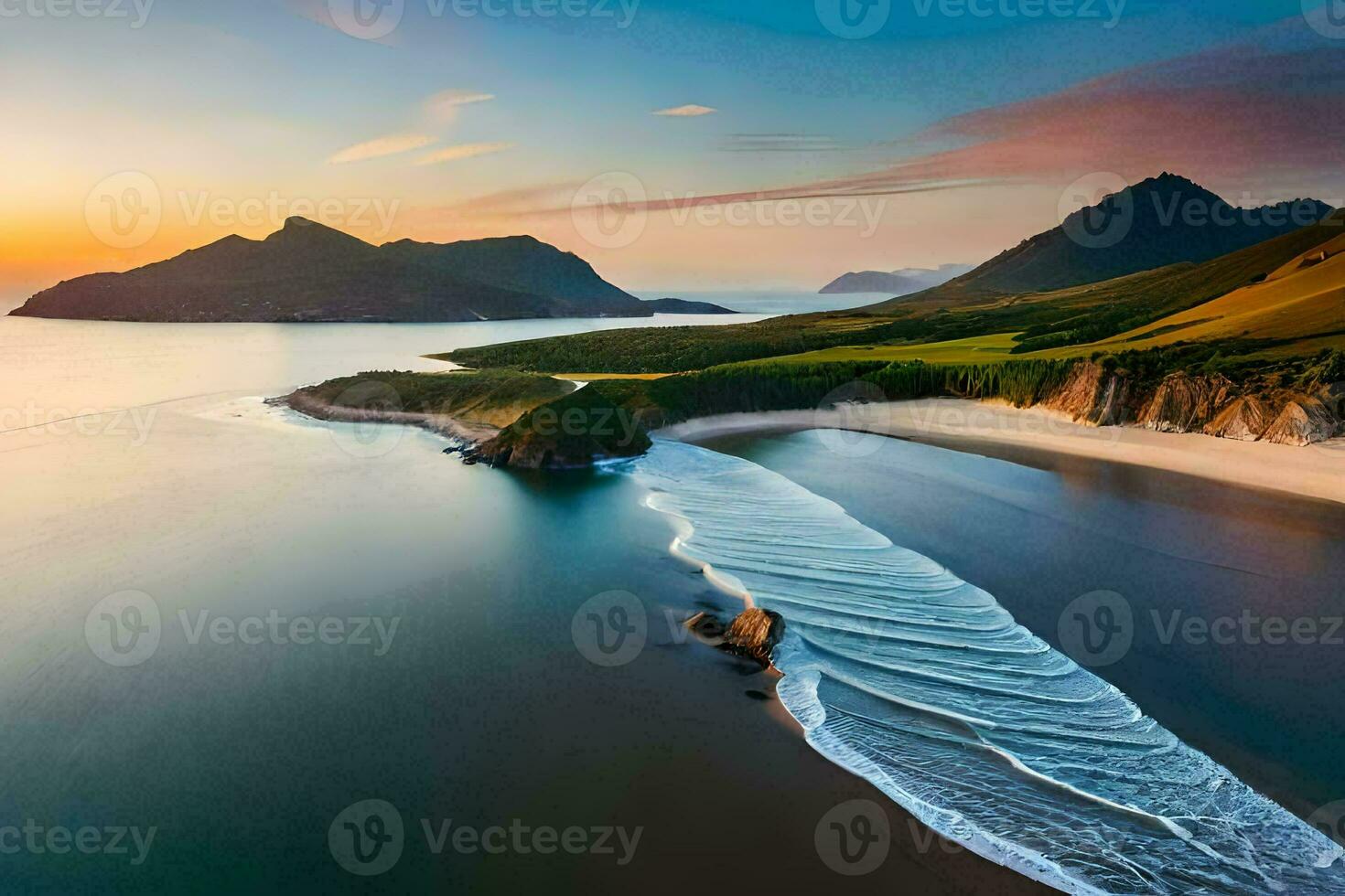 uma lindo de praia e montanhas às pôr do sol. gerado por IA foto