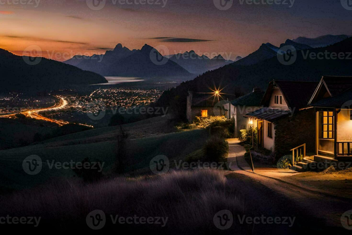 uma casa dentro a montanhas às pôr do sol. gerado por IA foto