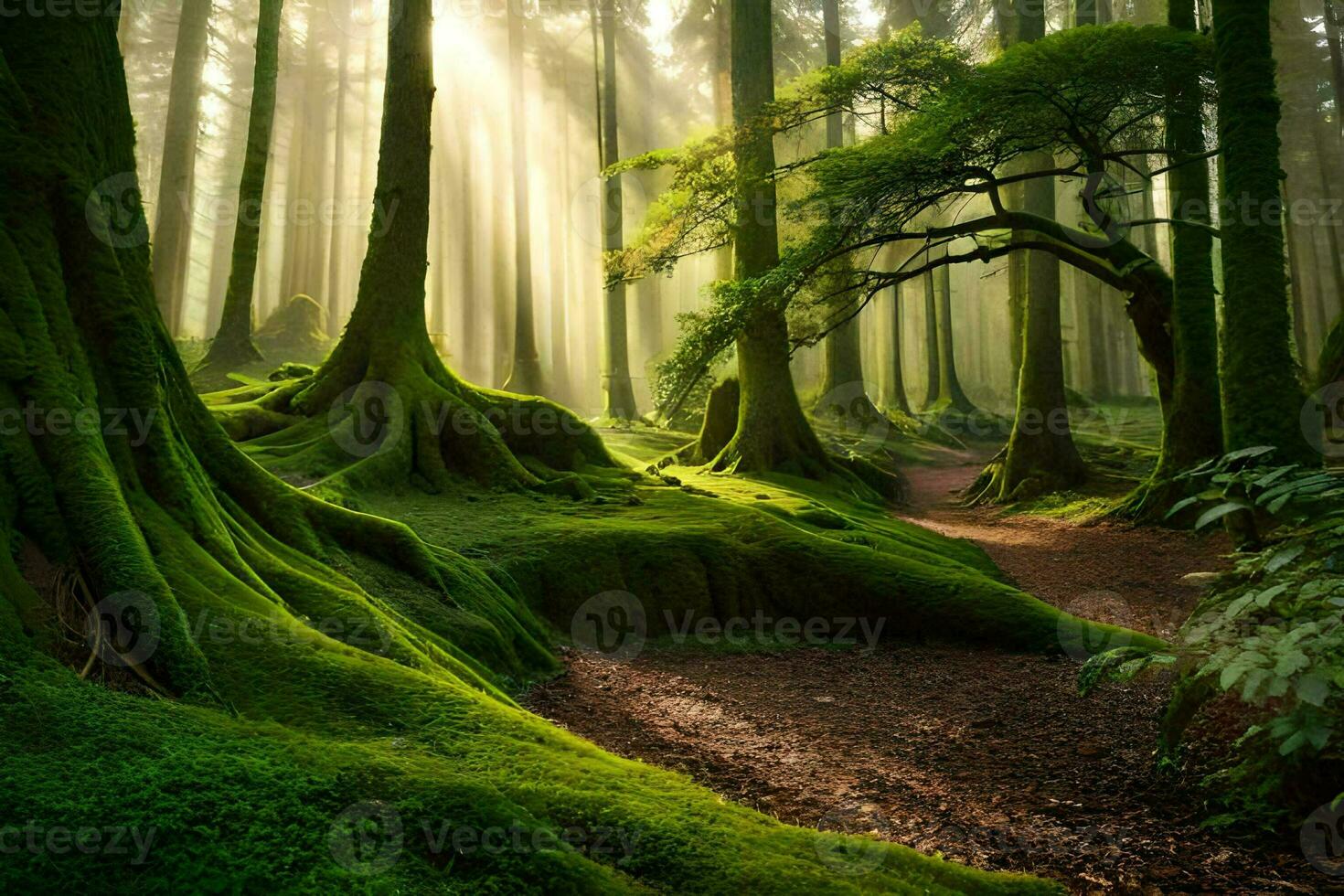 uma floresta com musgoso árvores e luz solar. gerado por IA foto