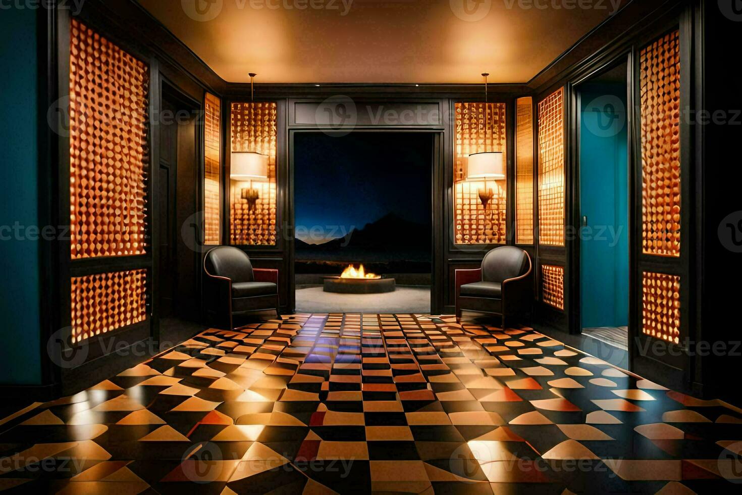 a lobby do a hotel tem uma xadrez chão e Preto paredes. gerado por IA foto