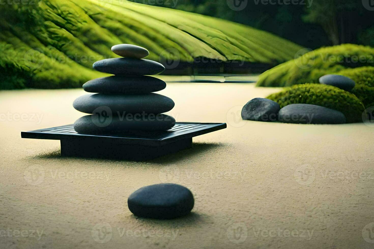 uma japonês jardim com pedras e grama. gerado por IA foto