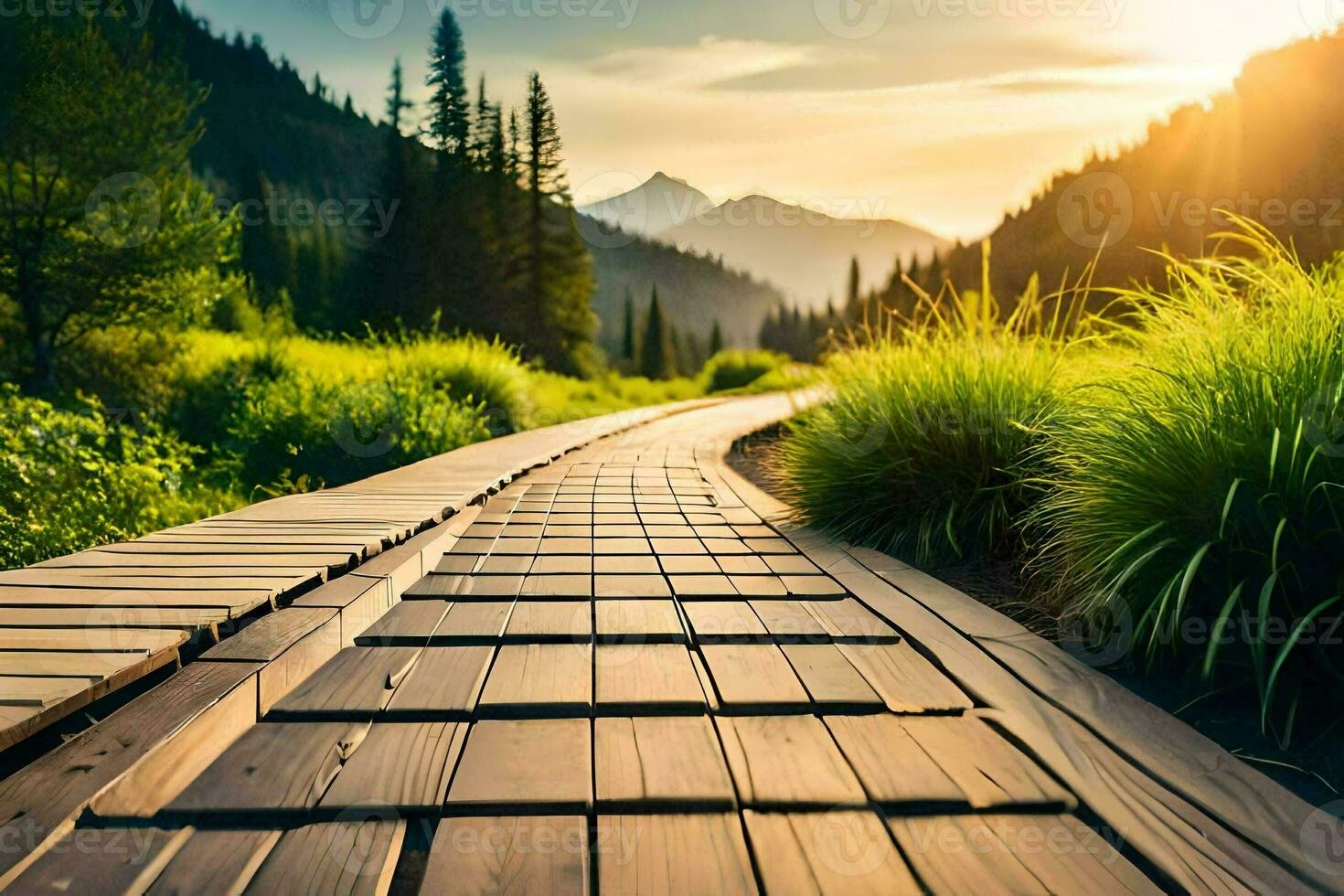 uma de madeira caminho conduz para a montanhas às pôr do sol. gerado por IA foto
