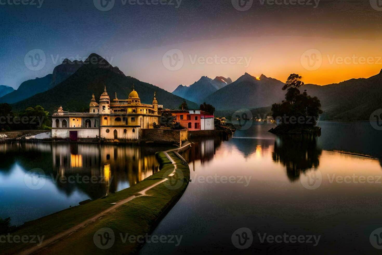 foto papel de parede a céu, montanhas, lago, a cidade, a têmpora, a lago, o. gerado por IA