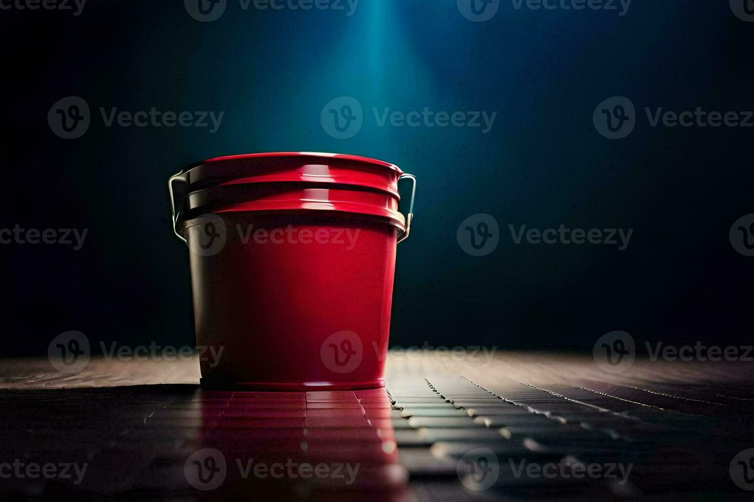 uma vermelho balde sentado em uma Sombrio chão. gerado por IA foto