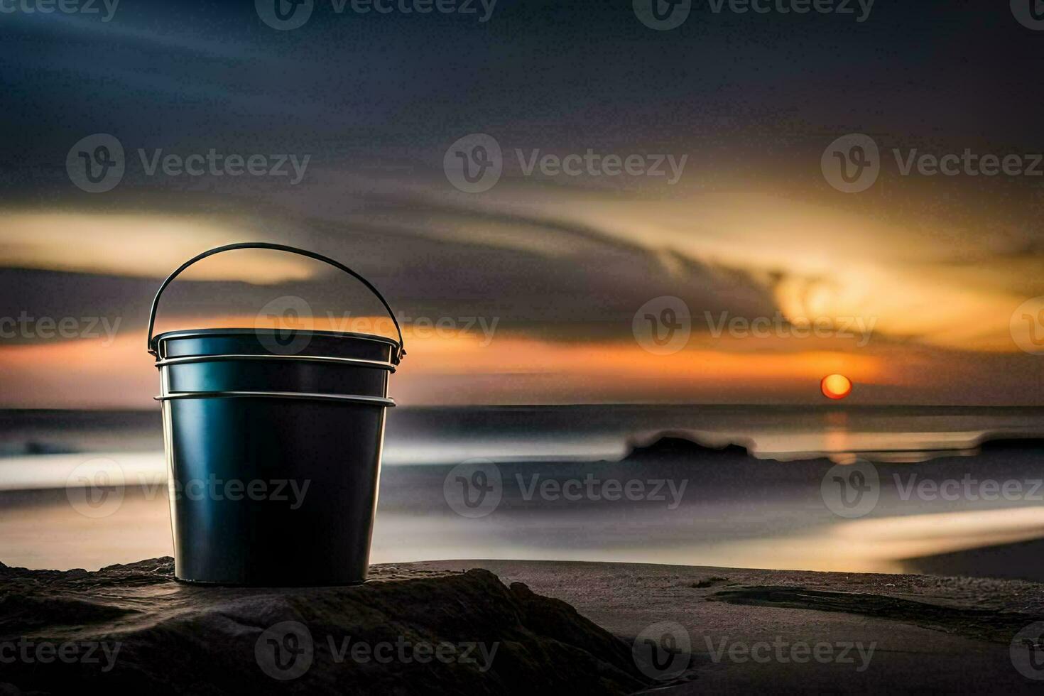 uma balde em a de praia às pôr do sol. gerado por IA foto