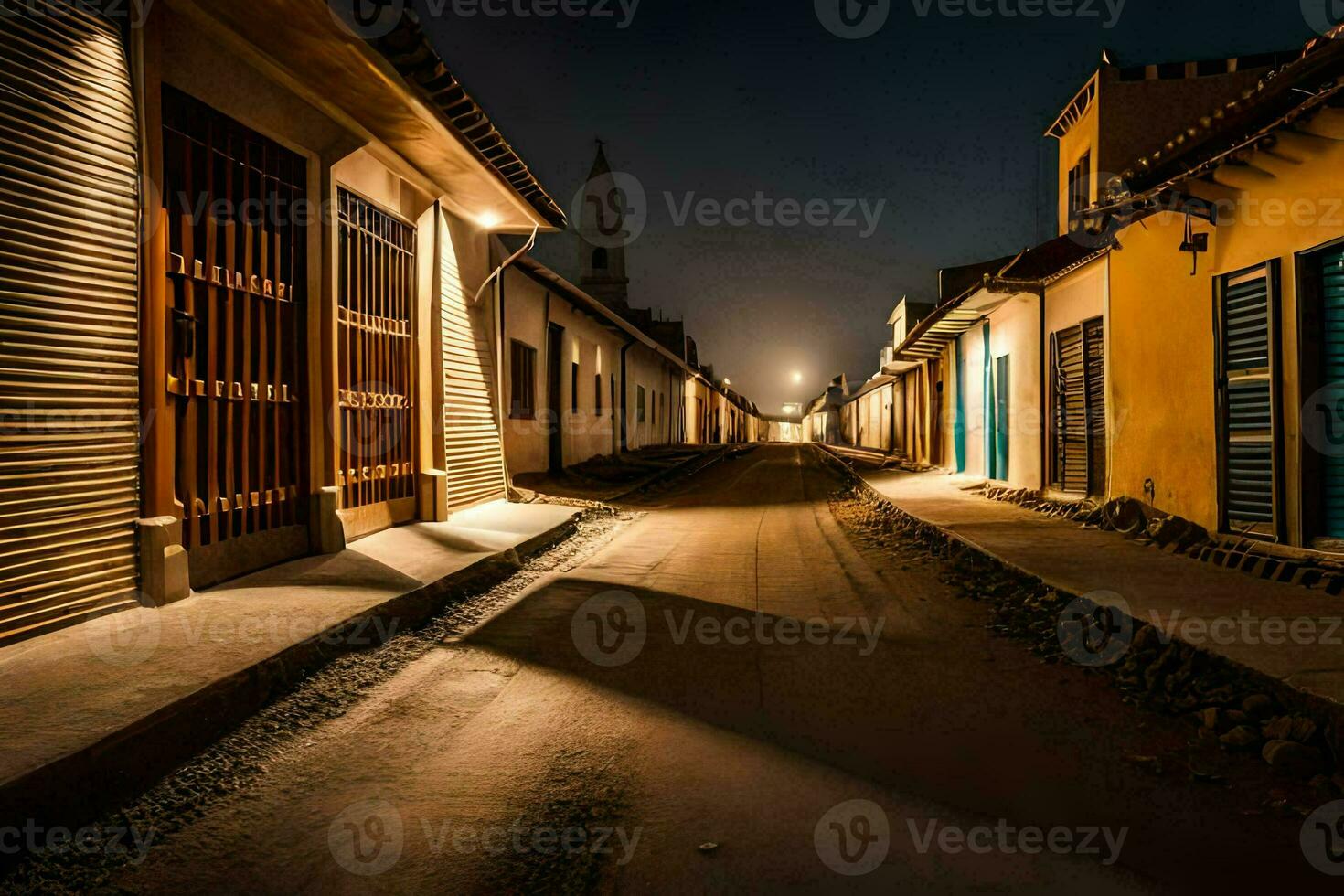 uma rua às noite com uma construção dentro a fundo. gerado por IA foto